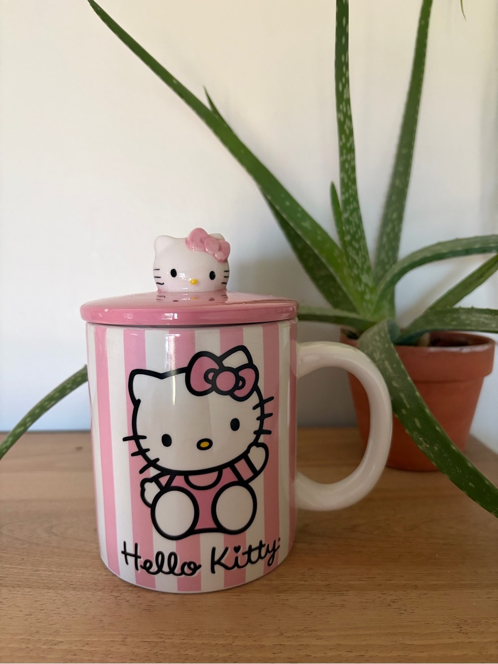 Hello Kitty Pink and White Striped Ceramic Mug with Character Lid
